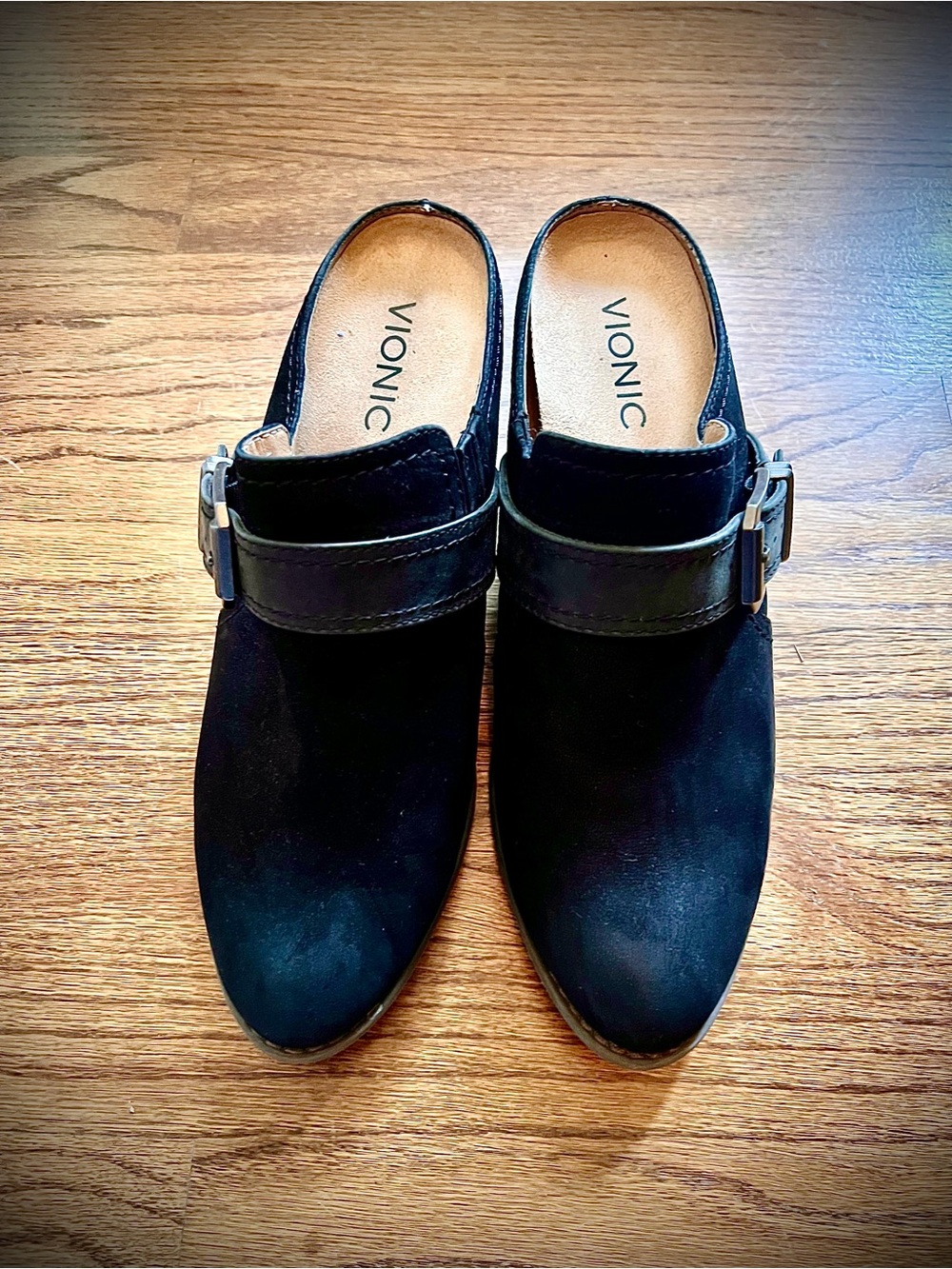Vionic Black Suede Buckle Backless Mules